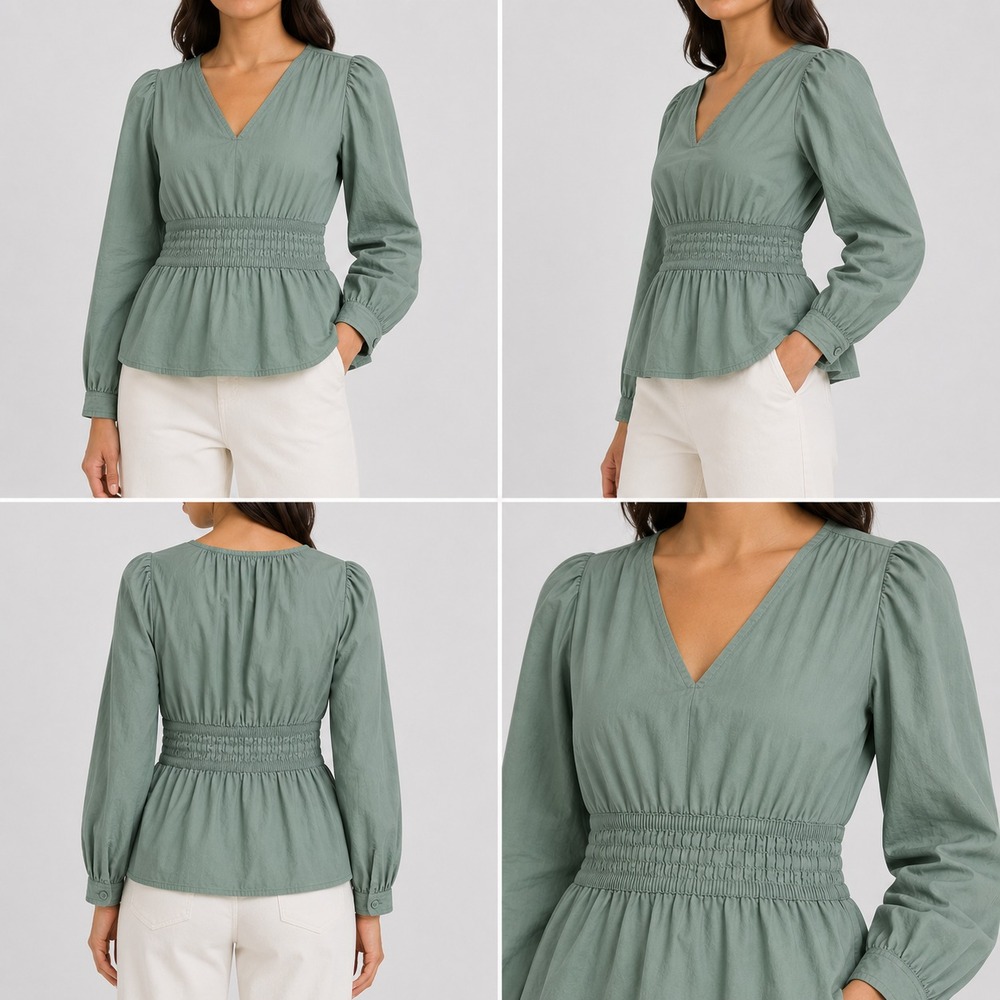 Gap Puff Sleeve Peplum Top Womens M Sage Green Long Sleeve V-Neck Smocked Waist